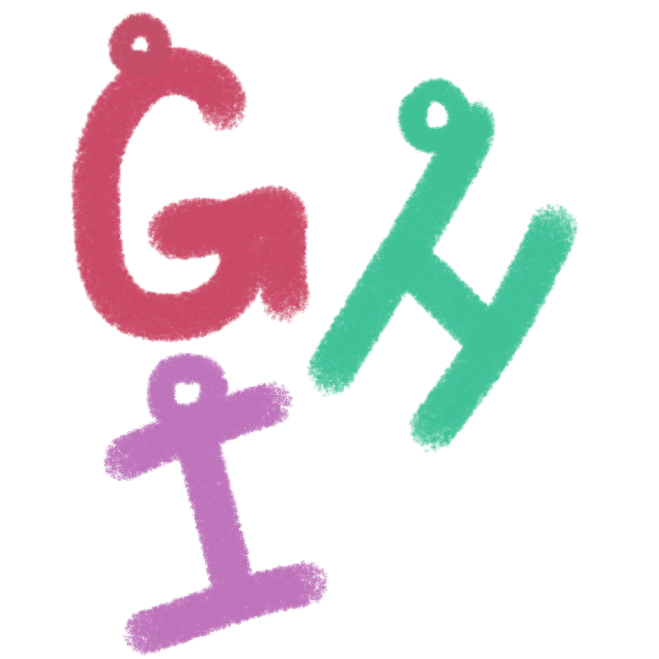 three letter G in pink, H in teal, & I in magenta